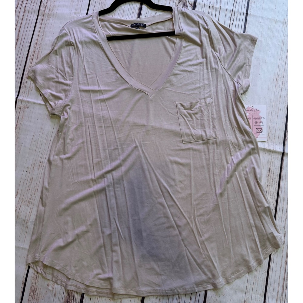 Mind Code Womens 3XL Taupe V-Neck Short Sleeve Pocket Tee Flowy T-Shirt Top
